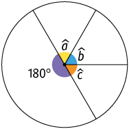 Ilustração de uma circunferência dividida com quatro ângulos centrais indicados. Todos os ângulos internos estão marcados. Um dos ângulos tem medida 180 graus e os demais estão indicados com a medida: a, b, c.