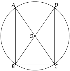Ilustração de uma circunferência de centro O. Há quatro pontos sobre a circunferência, denominados A, B, C, D. Os segmentos A C e B D cruzam o centro O. Formam segmentos entre os pontos: A e B; B e C; C e D.