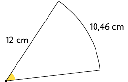 Ilustração de um arco de circunferência. Entre os dois segmentos que formam o arco está demarcado um ângulo. Sobre um desses segmentos, está indicado que tem 12 centímetros de medida de comprimento. Ao lado do arco, está indicado que ele possui 10,46 centímetros de medida de comprimento.
