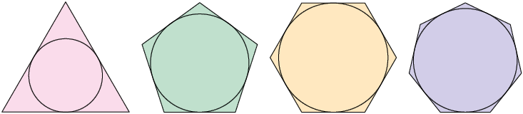 Ilustração de 4 polígonos, com cada um circunscrito em uma circunferência. Há um triângulo equilátero, um pentágono regular, um hexágono regular e um heptágono regular.