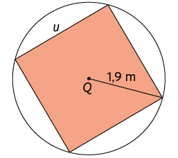 Ilustração de um quadrado inscrito em uma circunferência de centro Q e raio de medida 1,9 metros. O quadrado tem lado indicado por u.