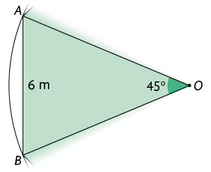 Ilustração representando parte de um polígono regular inscrito em uma circunferência de centro O. Observa-se um dos lados do polígono, que possui vértices consecutivos A e B e a medida desse lado A B tem 6 metros de comprimento. Estão traçados os segmentos O A e O B. O ângulo formado entre segmentos O A e O B, tem 45 graus de medida.