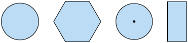 Ilustração de quatro figuras geométricas lado a lado. Da esquerda para direita: um círculo, um hexágono regular, um círculo com um ponto no centro, e um retângulo.
