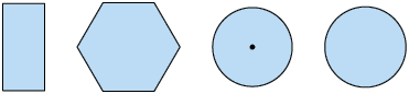 Ilustração de quatro figuras geométricas lado a lado. Da esquerda para direita: um retângulo, um hexágono regular, um círculo com um ponto no centro, e um outro círculo.