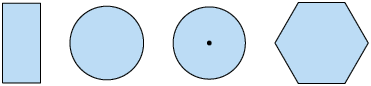 Ilustração de quatro figuras geométricas lado a lado. Da esquerda para direita: um retângulo, um círculo, outro círculo mas com um ponto no centro e um hexágono regular.