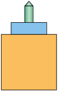 Ilustração de figuras geométricas empilhadas. Há um quadrado alaranjado; acima do quadrado há um retângulo azul de comprimento menor que o quadrado laranja; e acima do retângulo azul um retângulo verde com um triângulo verde em cima. Todas as figuras estão alinhadas verticalmente por seus centros. O retângulo azul e o quadrado alaranjado têm a mesma proporção das dimensões das faces das peças do objeto, de respectiva cor, da imagem descrita no cabeçalho da atividade, assim como a peça verde.