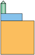 Ilustração de figuras geométricas empilhadas. Há um quadrado alaranjado; acima do quadrado há um retângulo azul de comprimento menor que o quadrado laranja; e acima do retângulo azul um retângulo verde com um triângulo verde em cima. Todas as figuras estão alinhadas verticalmente pelo canto esquerdo. O retângulo azul e o quadrado alaranjado têm a mesma proporção das dimensões das faces das peças do objeto, de respectiva cor, da imagem descrita no cabeçalho da atividade, assim como a peça verde.