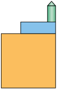 Ilustração de figuras geométricas empilhadas. Há um quadrado alaranjado; acima do quadrado há um retângulo azul de comprimento menor que o quadrado laranja; e acima do retângulo azul um retângulo verde com um triângulo verde em cima. Todas as figuras estão alinhadas verticalmente pelo canto direito. O retângulo azul e o quadrado alaranjado têm a mesma proporção das dimensões das faces das peças do objeto, de respectiva cor, da imagem descrita no cabeçalho da atividade, assim como a peça verde.