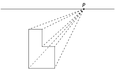 Ilustração da construção de uma figura em perspectiva cônica com um ponto de fuga, continuação da imagem anterior. Os vértices do polígono da face frontal são ligados por tracejados ao ponto P.