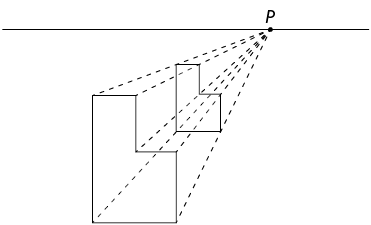 Ilustração da construção de uma figura em perspectiva cônica com um ponto de fuga, continuação da imagem anterior. Entre o ponto de fuga e o polígono que representa a face frontal, há outro polígono, semelhante ao primeiro, com os vértices sobre o tracejado.