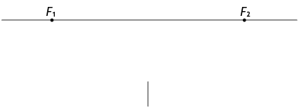Ilustração de uma reta, e sobre ela dois pontos distantes entre si, que são os pontos de fuga, indicados com F com índice 1 e F com índice 2. Entre os dois pontos e abaixo da reta, há um segmento vertical, que representa uma aresta.