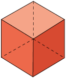 Ilustração de um cubo. É possível observar duas faces laterais e a superior, de modo que a figura parece estar posicionada sobre três eixos de mesma angulação entre si.