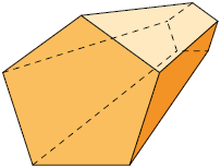 Ilustração de um prisma de base pentagonal. Observa-se a face frontal, formada por um pentágono, e as arestas laterais se afastando ao fundo, não paralelas entre si, se encontrando nas respectivas arestas de um pentágono proporcional ao da face frontal, mas menor em escala.