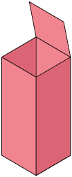 Ilustração de uma caixa, com a tampa superior levantada. A caixa tem o formato de um paralelepípedo reto retângulo.