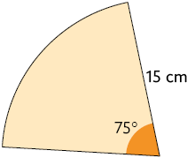 Ilustração de setor circular de um arco de circunferência de raio medindo 15 centímetros e ângulo de 75 graus.