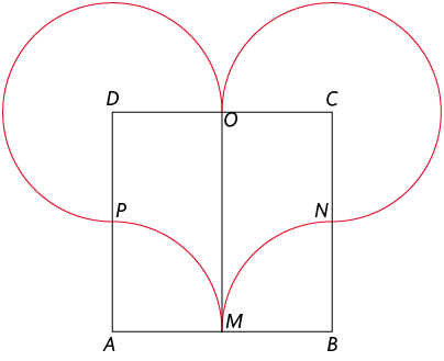 Ilustração de um quadrado A B C D. O lado A B é a base do quadrado, e os lados A D e B C, as laterais. Sobre os lados, há os pontos: P, que está sobre o lado A D; ponto O, que está sobre o lado C D; ponto N, que está sobre o lado B C; ponto M, que está sobre o lado A B. Há um segmento O M que divide o quadrado pela vertical. Há uma figura em vermelho, semelhante a um coração, formada por quatro arcos de circunferência que possuem centros em cada vértice do quadrado. Dois desses arcos são externos ao quadrado, que são: o arco de centro D, que tem uma extremidade no ponto P e a outra no ponto O; o arco de centro C, que tem uma extremidade no ponto N e outra no ponto O. Os outros dois arcos são internos ao quadrado e são: o arco de centro A, que tem uma extremidade no ponto P e a outra no ponto M; o arco de centro B, que tem uma extremidade no ponto N e outra no ponto M.