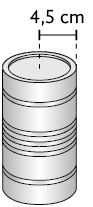 Ilustração de uma lata de formato cilíndrico. Está indicado que a face superior tem um raio de medida 4,5 centímetros.