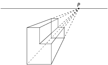 Ilustração da construção de uma figura em perspectiva cônica com um ponto de fuga, continuação da imagem anterior. Os vértices dos polígonos estão ligados, respectivamente, formando as arestas das faces laterais do prisma.