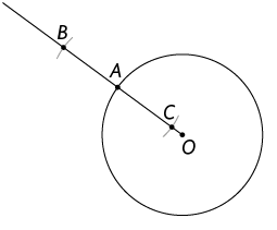 Ilustração de uma circunferência de centro O e uma semirreta que origina do centro O. No cruzamento da semirreta com a circunferência há um ponto A. Há um ponto B sobre a semirreta, externo a circunferência, e um ponto C, sobre a semirreta e interna a circunferência. Sobre os pontos B e C há um pequeno traço curvo.