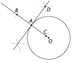 Ilustração da mesma circunferência de centro O da ilustração anterior, permanecendo os mesmos pontos e marcações. Há uma reta que passa pelo ponto A, tangente à circunferência. Há um ponto D sobre essa reta, com a marcação de dois riscos em forma de X, sobre esse ponto. Há uma mesma marcação desses dois riscos em forma de X, cruzando essa reta, posicionados de forma simétrica ao ponto D em relação ao ponto A.