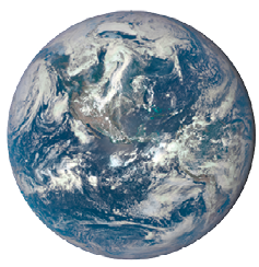 Fotografia do planeta Terra visto do espaço. O formato lembra uma esfera, tem cor predominantemente azul, com nuvens brancas e continentes com regiões verdes e marrons.