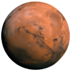 Fotografia do planeta Marte. O formato lembra uma esfera. Tem cor em tons de marrom e algumas manchas mais escuras na superfície.