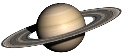 Fotografia do planeta Saturno. O formato lembra uma esfera. Tem cor entre tons de marrom e amarelo, com alguns riscos claros e escuros, paralelos entre si, percorrendo toda superfície. Em volta do planeta há um grande anel fino, achatado na vertical, com sua parte interna não tocando no planeta. O corpo desse anel é formado por pequenas faixas claras e escuras, que percorrem toda a superfície.