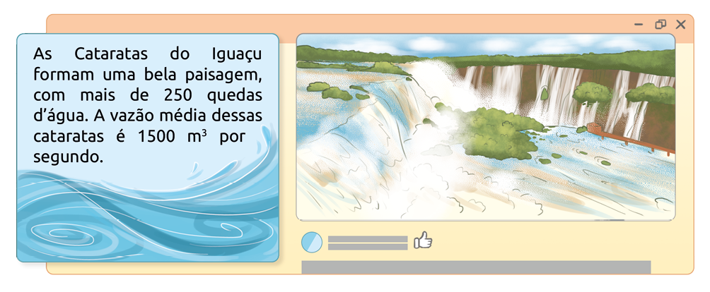 Ilustração das cataratas do Iguaçu. As cataratas estão ilustradas com uma visão panorâmica. A ilustração está composta como se fosse uma janela de algum software. Ao lado da imagem das cataratas há um texto: 'as cataratas do Iguaçu formam uma bela paisagem, com mais de 250 quedas d'água. A vazão média dessas cataratas é 1500 metros cúbicos por segundo.'