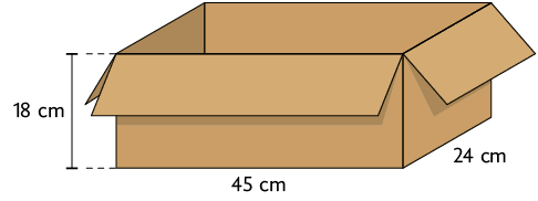 Ilustração de uma caixa de papelão, em formato de paralelepípedo reto retângulo. Ela possui dimensões: 18 centímetros de altura; 45 centímetros de comprimento e 24 centímetros de largura.