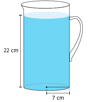 Ilustração de uma jarra transparente de formato cilíndrico, com um líquido dentro. O líquido tem 22 centímetros de altura. O raio da base circular da jarra tem 7 centímetros de medida de comprimento.
