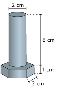 Ilustração de uma peça que lembra um parafuso. A peça consiste em um cilindro de 6 centímetros de medida de altura e diâmetro da face circular com 2 centímetros de medida de comprimento, ligado a um prisma de base hexagonal, que possui medida de 1 centímetro de altura e o hexágono regular da base com a lateral medindo 2 centímetros de comprimento.