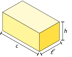 Ilustração de um paralelepípedo reto retângulo. As dimensões são: altura h, comprimento c e largura l.