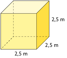 Ilustração de um cubo. As 3 dimensões estão indicadas com 2,5 metros.