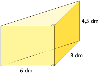Ilustração de um prisma de base triangular. A altura do prisma tem medida 4,5 decímetros. A base do prisma é um triângulo retângulo de catetos medindo 8 decímetros e 6 decímetros.