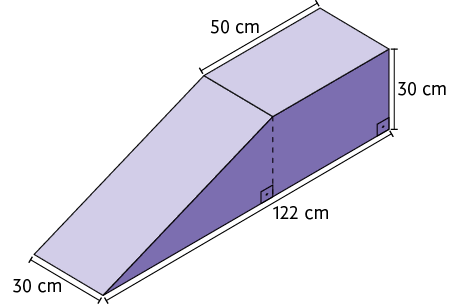 Ilustração de um prisma reto, cuja base é um trapézio retângulo. A altura do prisma tem medida 30 centímetros. O trapézio retângulo da base tem dimensões: altura de 30 centímetros; base menor 50 centímetros e base maior 122 centímetros.