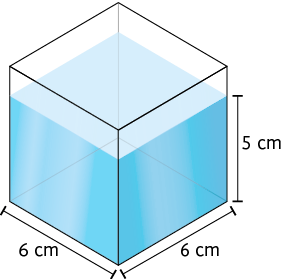 Ilustração de um recipiente transparente em formato de paralelepípedo reto retângulo. Dentro do recipiente há água até a altura de medida 5 centímetros. A base do recipiente possui dimensões: 6 centímetros de comprimento e 6 centímetros de largura.