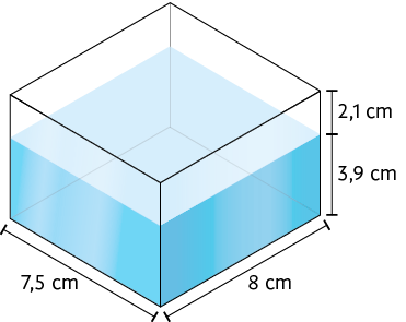 Ilustração de um recipiente transparente em formato de paralelepípedo reto retângulo. O recipiente possui dimensões: 7,5 centímetros de comprimento, 8 centímetros de largura e altura de 6 centímetros. No recipiente há água até a altura 3,9 centímetros.