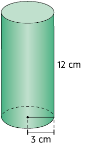 Ilustração de um cilindro. O cilindro possui altura de medida 12 centímetros. O raio da base tem medida 3 centímetros.