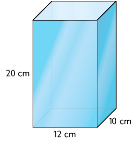 Ilustração de um recipiente com formato de um paralelepípedo reto retângulo. Ele possui as dimensões: altura de 20 centímetros, comprimento de 12 centímetros e largura de 10 centímetros.