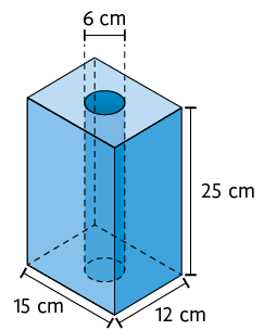 Ilustração de um paralelepípedo reto retângulo, com um furo que o atravessa, em formato cilíndrico. O paralelepípedo tem dimensões: altura de 25 centímetros, comprimento de 15 centímetros e largura de 12 centímetros. O furo cilíndrico tem a mesma altura do paralelepípedo, sendo 25 centímetros, e a base do cilindro tem um diâmetro de 6 centímetros de medida de comprimento.