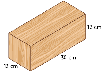 Ilustração de uma peça de madeira com formato de um paralelepípedo reto retângulo. A peça possui dimensões: altura de 12 centímetros, largura de 12 centímetros e comprimento de 30 centímetros.