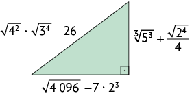 Ilustração de um triângulo retângulo cuja hipotenusa mede: raiz quadrada de 4 ao quadrado, vezes, raiz de 3 elevado a quatro, menos 26, a base mede, raiz quadrada de 4096, menos 7 vezes 2 ao cubo e a altura mede, raiz cubica de 5 ao cubo. mais, início de fração, numerador: raiz quadrada de 2 elevado a 4, denominador:4, fim de fração.
