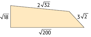 Ilustração de uma figura de 4 lados cujas medidas dos lados em sentido horário começando pela base são: raiz quadrada de 200; raiz quadrada de 18; 2 vezes raiz quadrada de 32 e 3 vezes raiz quadrada de 2.