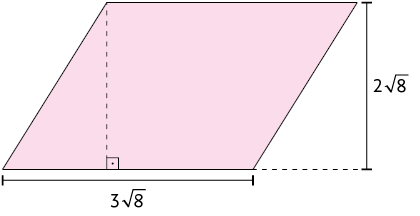 Ilustração de um paralelogramo cuja base mede 3 vezes raiz quadrada de 8 e a altura mede 2 vezes raiz quadrada de 8.