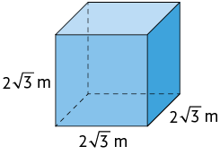 Ilustração de um cubo cuja base, a altura e a largura medem 2 vezes raiz quadrada de 3 metros.