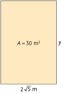 Ilustração de um retângulo com a indicação A igual a 30 metros quadrados, o comprimento mede 2 vezes raiz quadrada de 5 metros e a largura mede y.