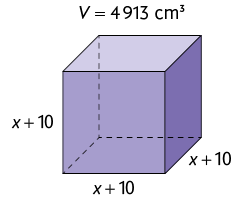 Ilustração de um cubo com a indicação V igual a 4913 centímetros cúbicos, base, largura e altura medem cada um x mais 10.