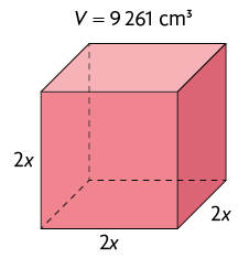Ilustração de um cubo com a indicação de V igual a 9261 centímetros cúbicos, base, largura e altura medem cada uma 2 x.