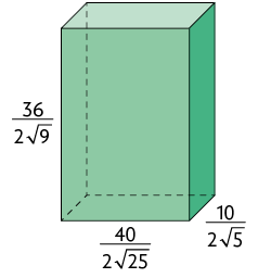 Ilustração de um paralelepípedo retângulo cuja base mede, início de fração, numerador: 40, denominador: 2 vezes a raiz quadrada de 25, fim de fração, a altura mede, início de fração, 36, denominador: 2 vezes raiz quadrada  de 9, fim de fração, e a largura mede, início de fração, numerador: 10, denominador: 2 vezes a raiz quadrada de 5, fim de fração.