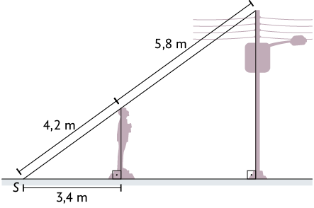 Esquema com 2 triângulos retângulos. Há uma representação de uma estátua e de um poste. Eles estão alinhados, um ao lado do outro à uma certa distância. A estátua está a esquerda e o poste está a direita com uma altura maior. Na base, à esquerda dos dois há um ponto S. Está desenhado um triângulo retângulo com um vértice em S e os outros dois vértices nas extremidades da estátua, em que a altura da estátua também é altura do triângulo. O outro triângulo retângulo é maior e está desenhado com um vértice em S e os outros dois nas extremidades do poste, sendo a altura do poste também altura do triângulo. , A medida da distância entre S e o pé da estátua é de 3,4 metros, a distância entre S e o topo da estátua mede 4,2 metros e entre o topo da estátua e o topo do poste mede 5,8 metros.